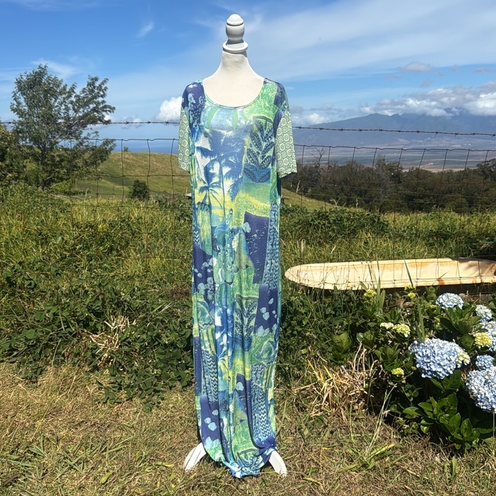 Vintage 90s Y2K CITe Blue Green Hawaiian hula Fish Print Short Sleeve Maxi Dress